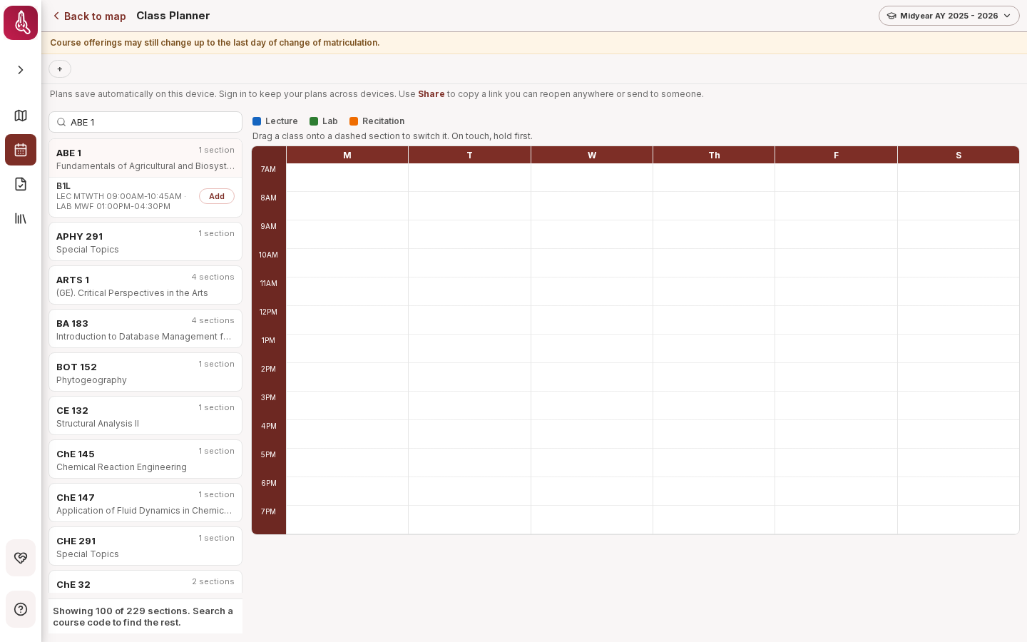 Room TBA Class Planner showing a searched course and its available section with an Add button