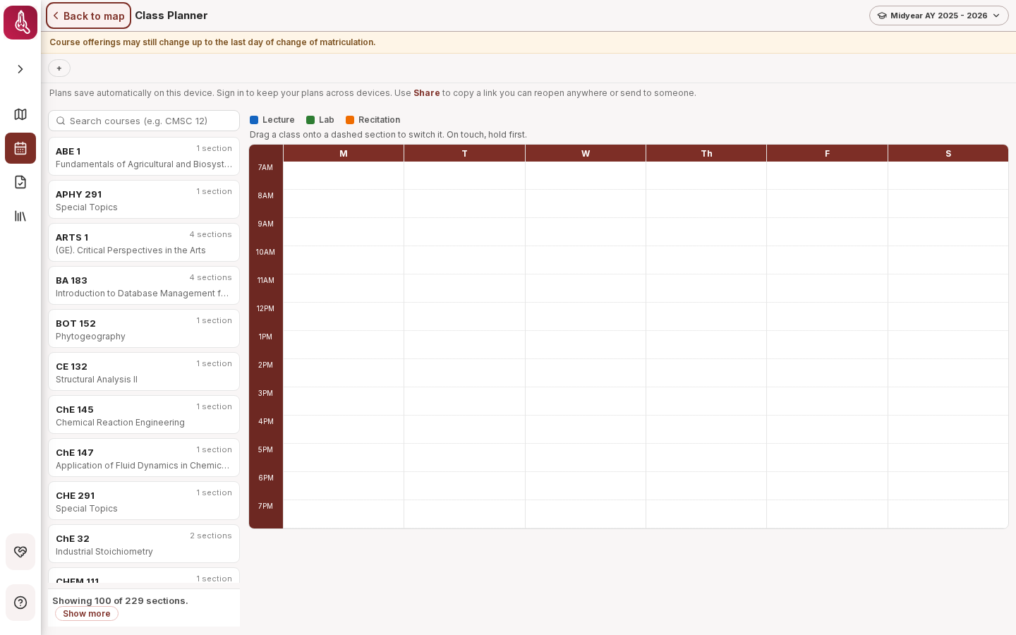 Room TBA Class Planner with a selected Midyear term and weekly timetable